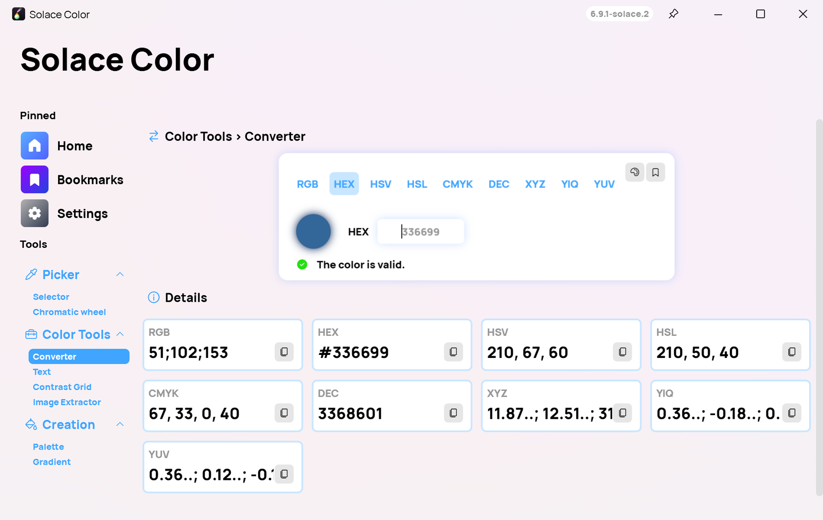 Convert any colour between HEX, RGB, HSV, HSL, CMYK, DEC, XYZ, YIQ and YUV, with one-click copy for each.
