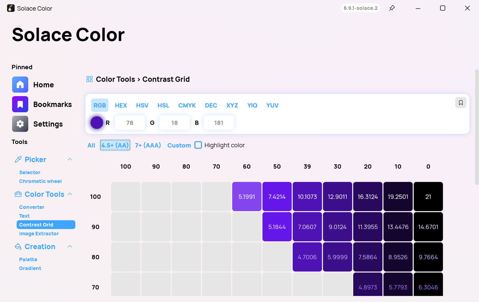 Contrast grid shows which tints and shades of your colour pass WCAG AA (4.5:1) or AAA, with the exact ratio in each cell.