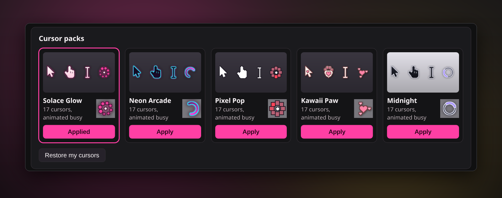 Five packs to choose from: Solace Glow, Neon Arcade, Pixel Pop, Kawaii Paw and Midnight, each with 17 cursors and an animated busy cursor.
