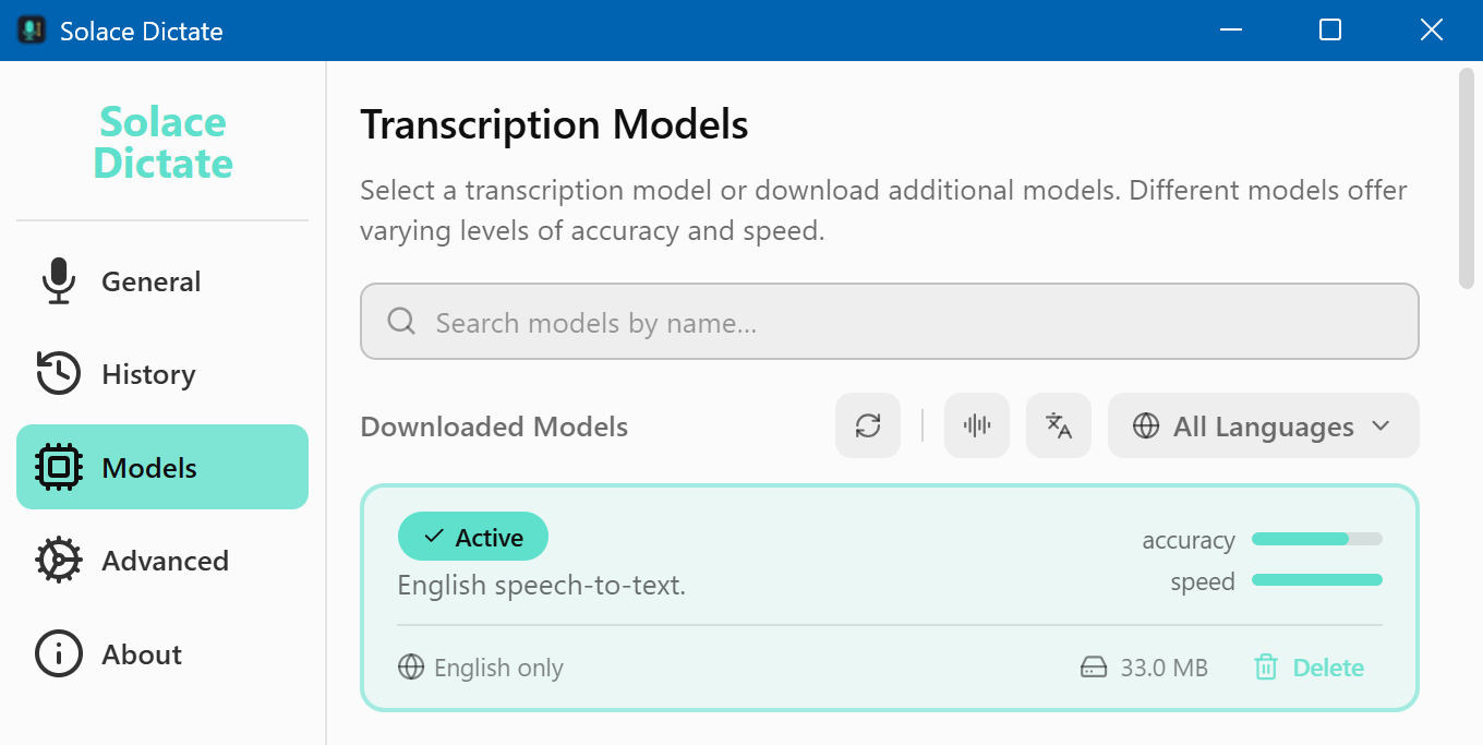 Manage transcription models in one place: search, filter by language, and see each model's accuracy, speed, size and language support at a glance.