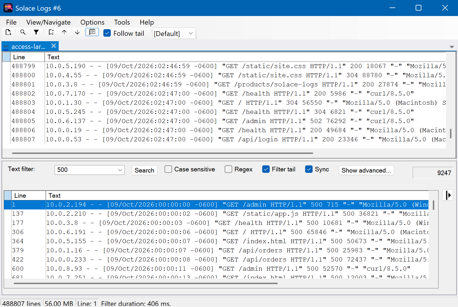 Solace Logs filtering a 488,807-line, 56 MB sample access log for 500 in under half a second, with the matches synced to the full view