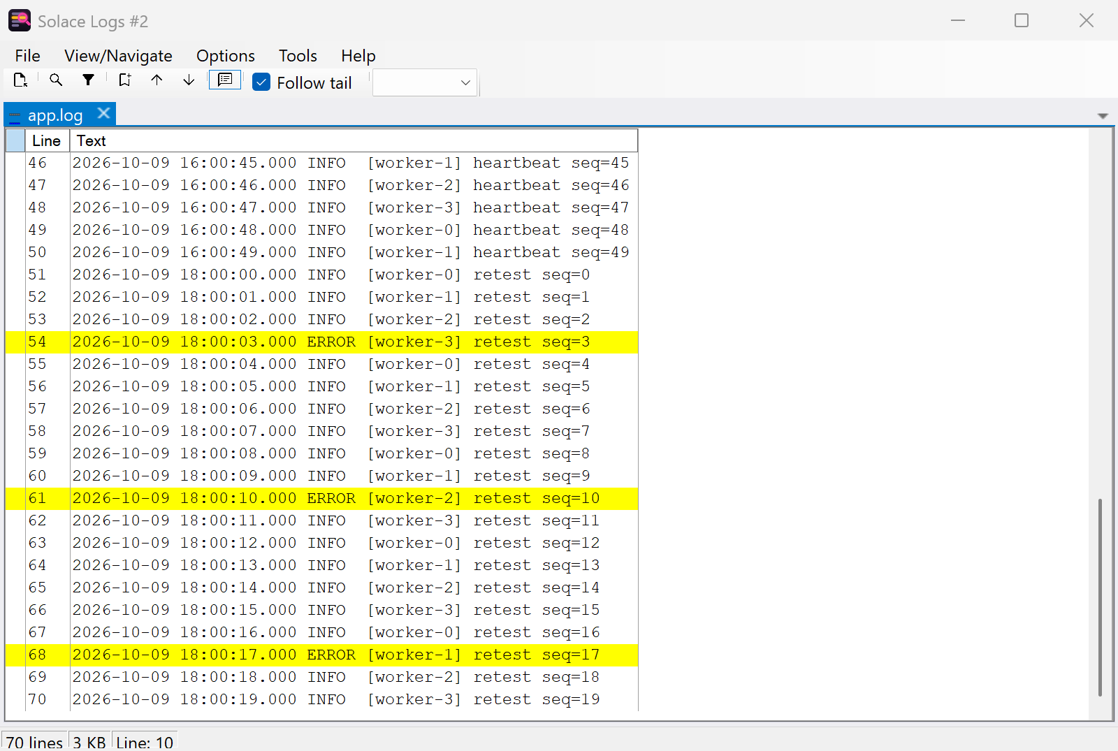 Solace Logs following the tail of a live sample app log, with ERROR lines highlighted as they arrive