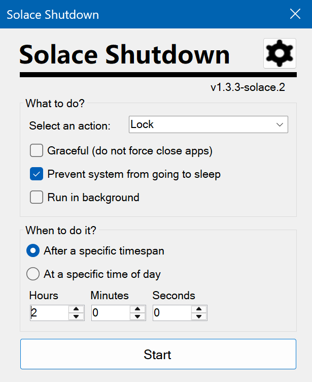 Shut down or lock your PC on your schedule: pick an action, then a countdown or a time of day.