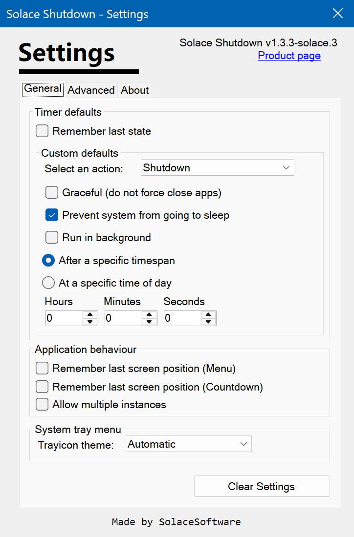 Set your defaults once: the starting action and timer, sleep prevention, remembered window positions and the tray icon theme.