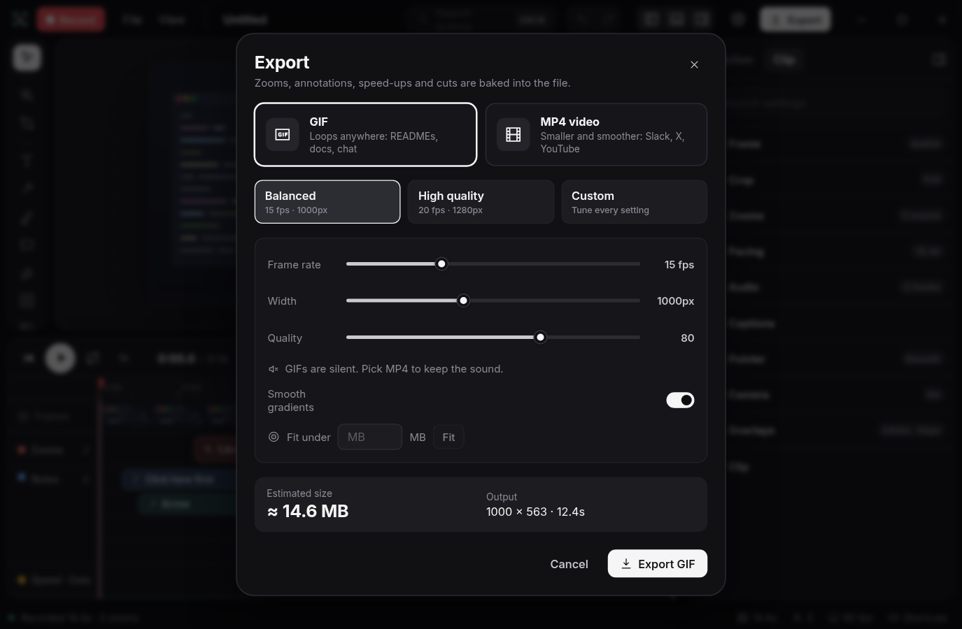 Export the result as a GIF or MP4 video, using a preset or your own frame rate, width and quality, with the file size estimated before you export.