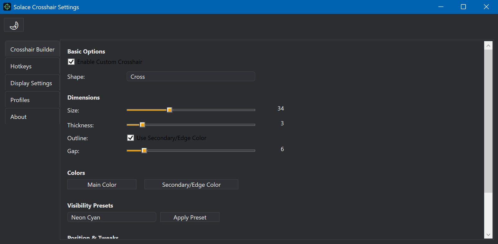 Build your crosshair: shape, size, thickness, outline, gap, colours and one-click visibility presets.