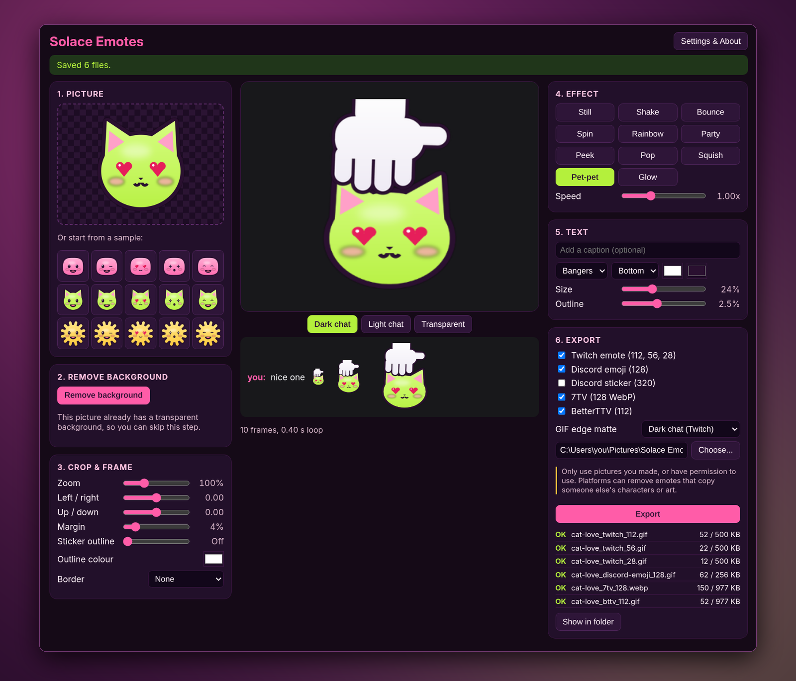Pick a picture, choose an effect and export every platform size in one go. Here, a sample cat gets the Pet-pet effect, previewed in a dark chat at 28, 56 and 112 px. Twitch, Discord emoji, 7TV and BetterTTV files are saved, each checked against that platform's size limit.
