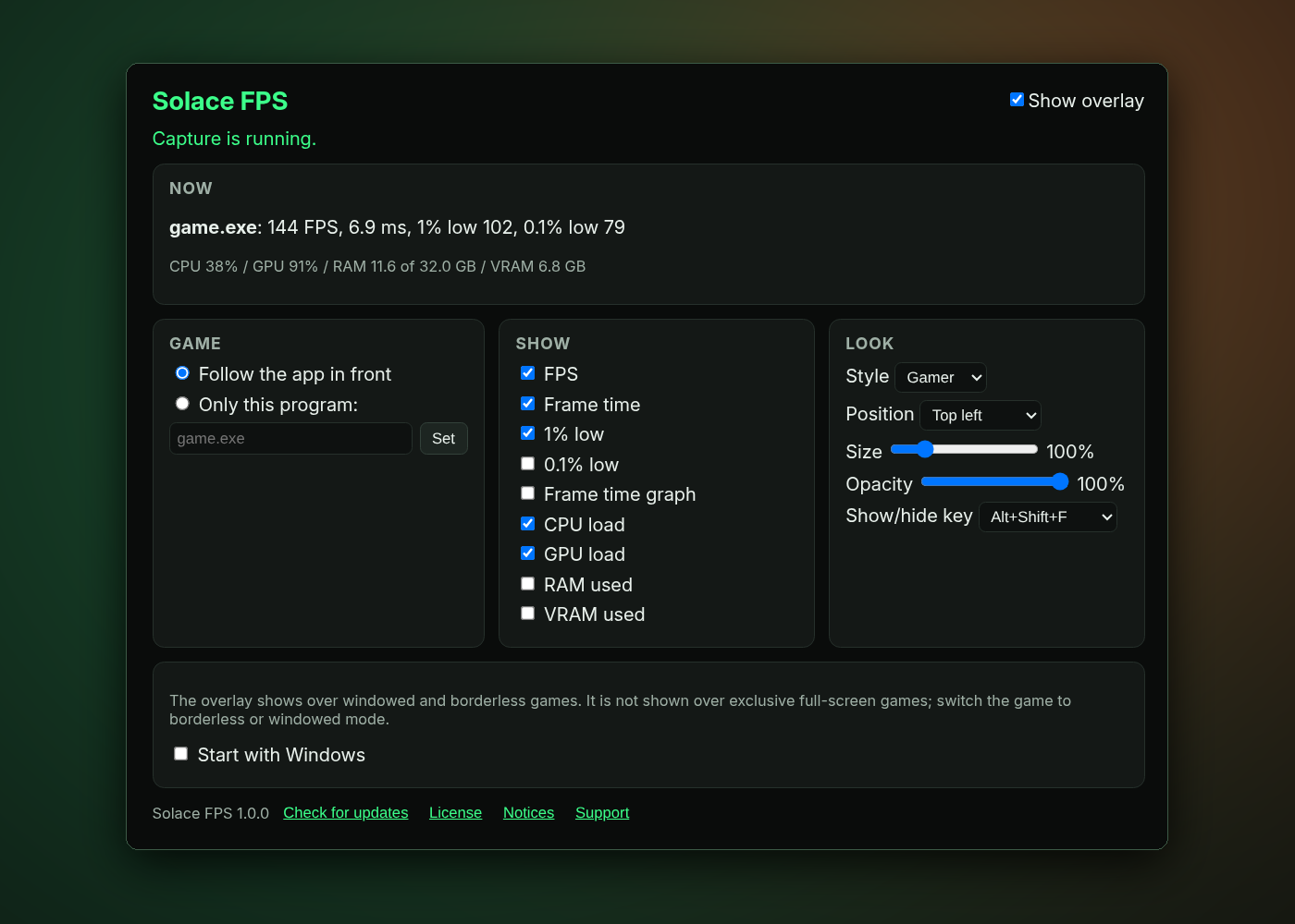 The Solace FPS window: follow the app in front or pick one program, choose what the overlay shows, then set its style, corner, size, opacity and show/hide key.