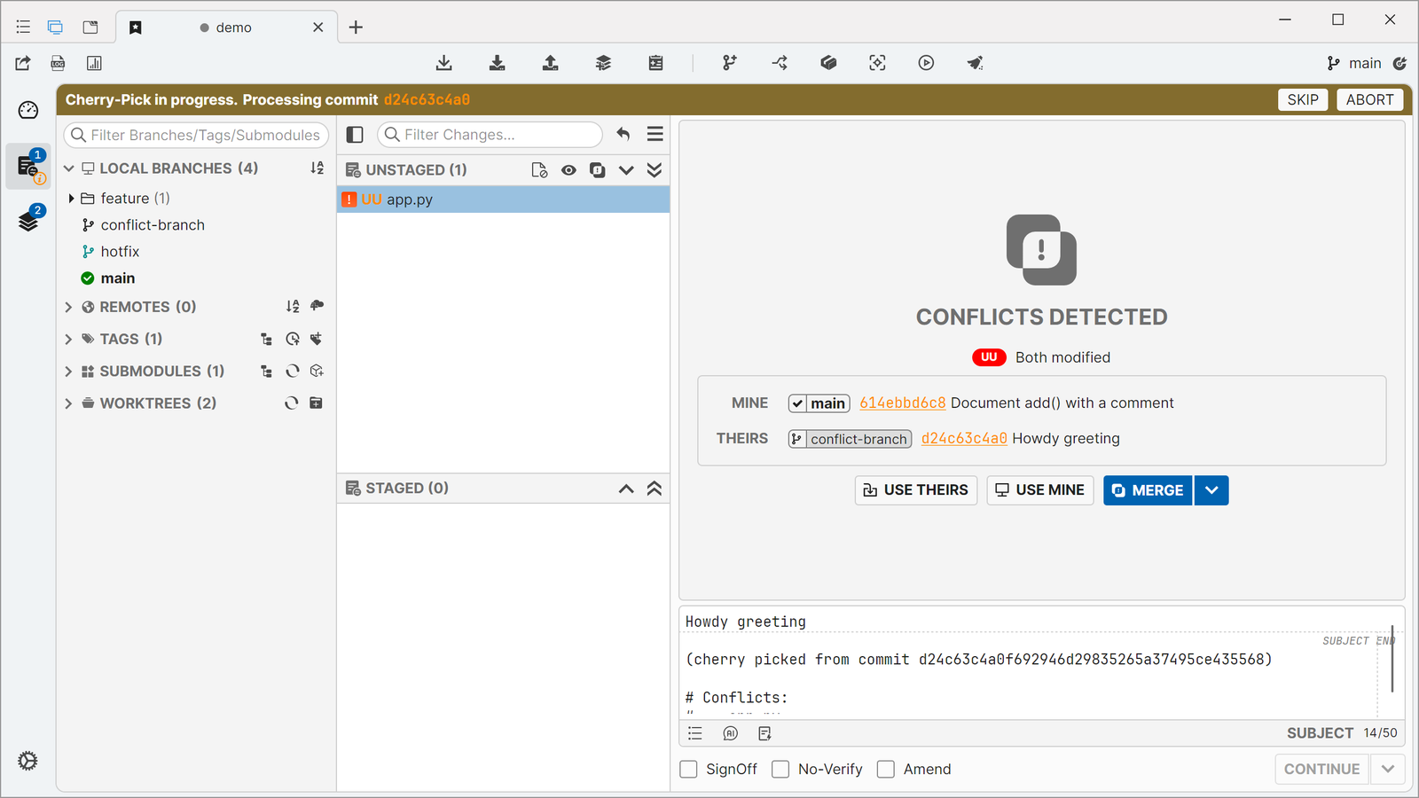 Resolve merge conflicts without the command line: see mine vs theirs, then use theirs, use mine, or open the merge tool.
