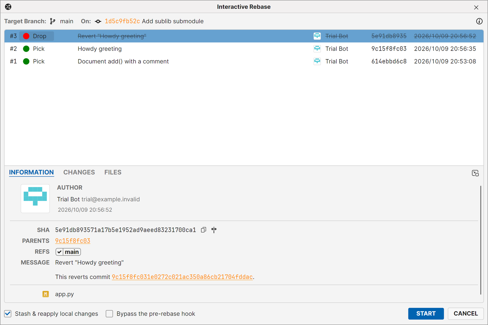 Interactive rebase made visual: pick, drop and reorder commits, with full commit details before you start.