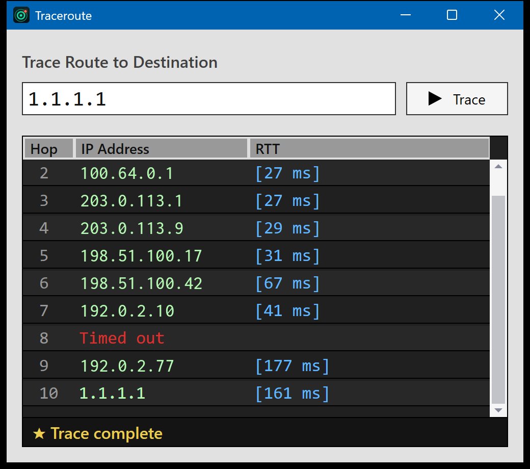 Built-in traceroute shows every hop to the destination with its round-trip time.