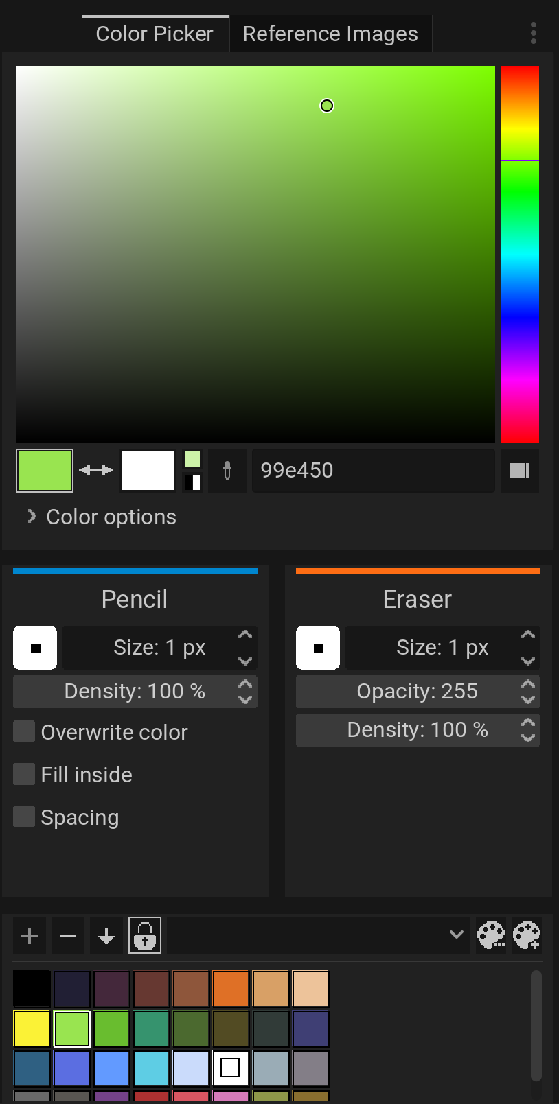 Pick exact colours with the colour square, hex entry and swatches, and give your left and right mouse buttons their own tool and brush settings.