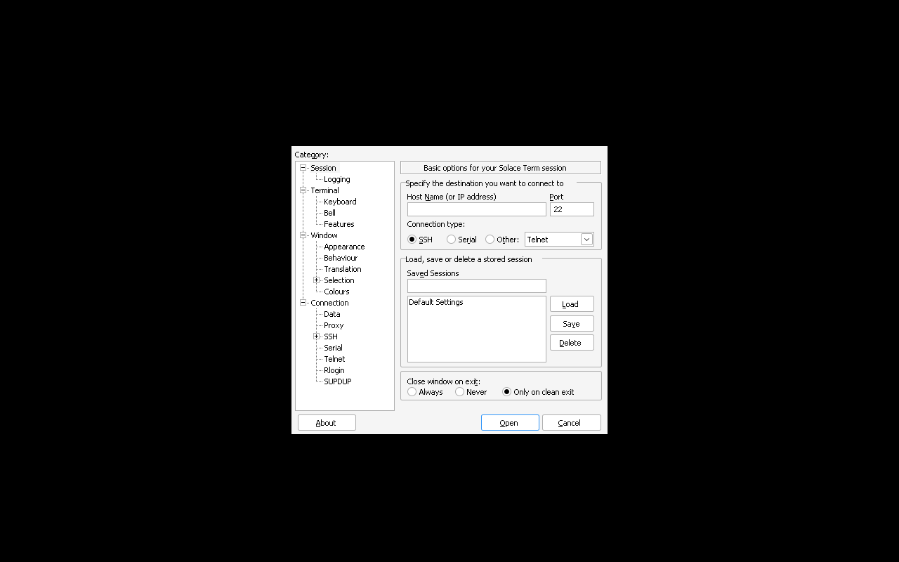Solace Term session configuration dialog