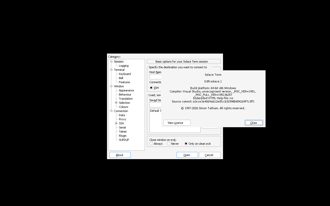 Solace Term About dialog showing version 0.85-solace.1