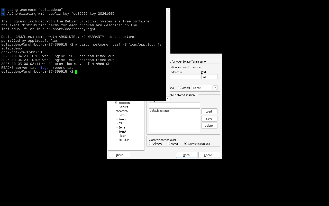Solace Term live SSH session with sample demo host