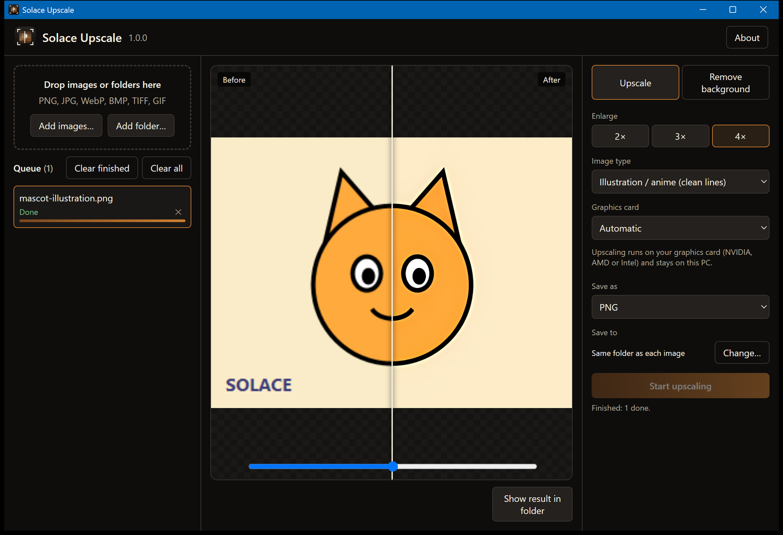 Drag the slider to compare before and after: a small illustration enlarged 4× in Illustration mode comes out with clean, sharp outlines.