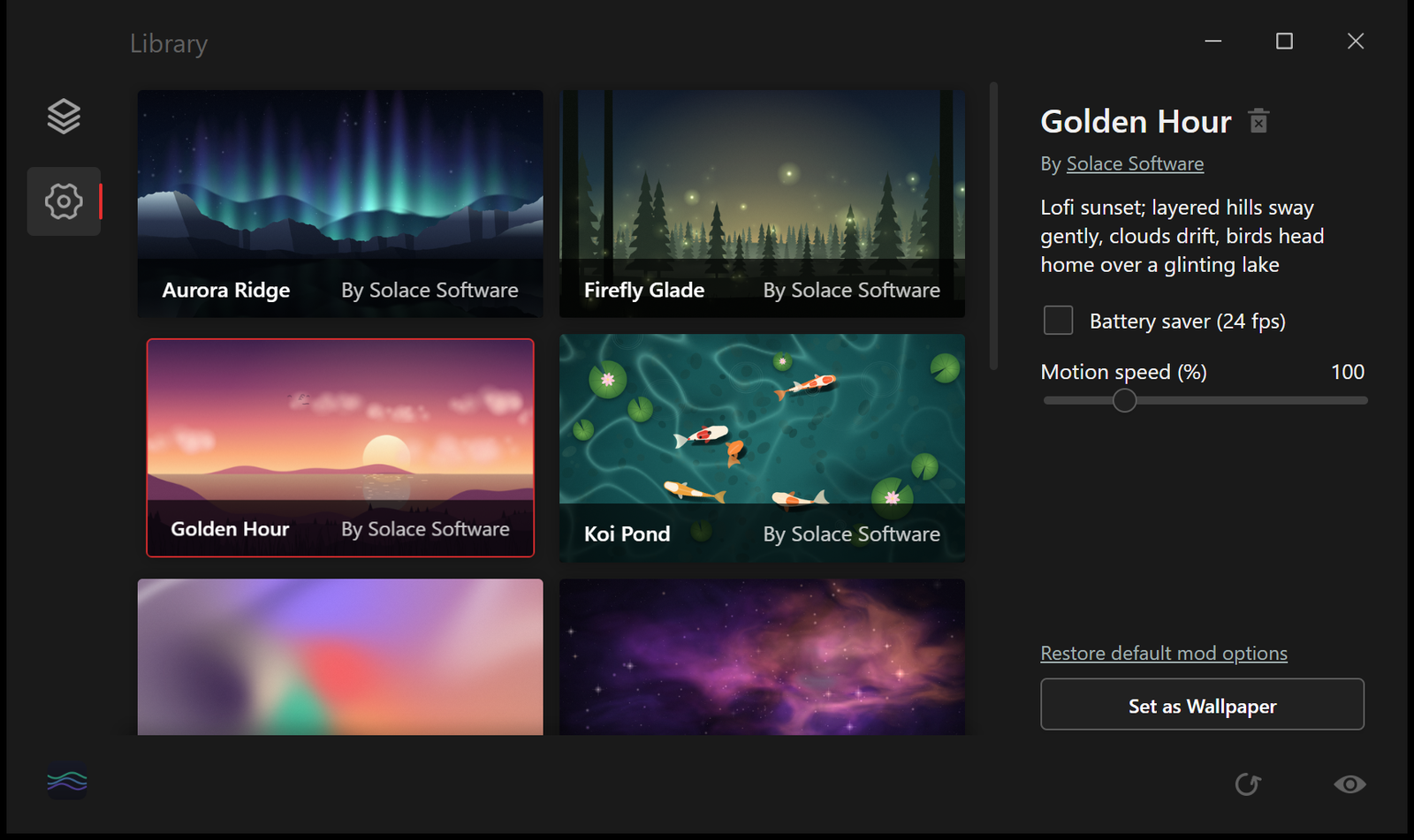The Solace Wallpaper library: browse the included live scenes, pick one, adjust its motion speed and battery saver, and set it as your wallpaper.