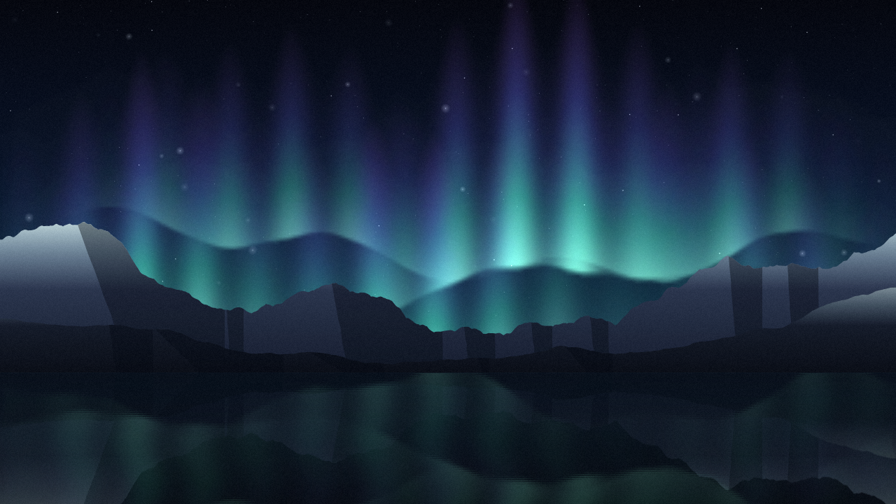 Aurora Ridge: green and violet aurora curtains rippling over snowy peaks and a still lake.