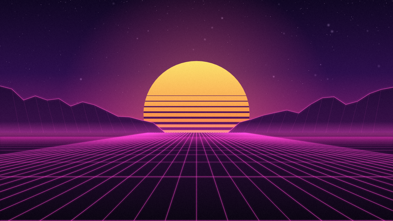 Retro Horizon: a striped synthwave sun over a glowing neon grid and mountains.