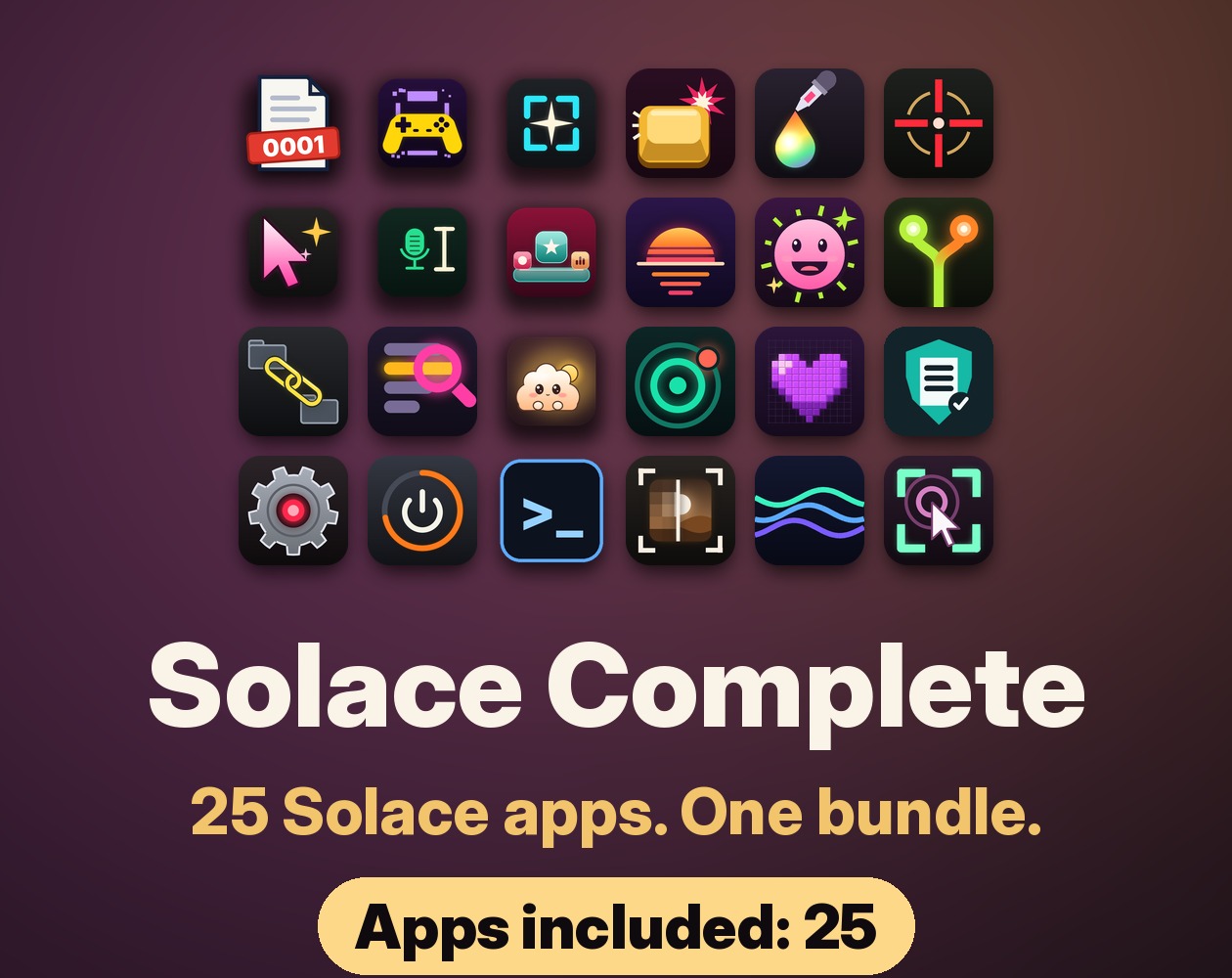 Solace Complete: "25 Solace apps. One bundle." A grid of 24 Solace app icons on a dark background with a gold "Apps included: 25" label.