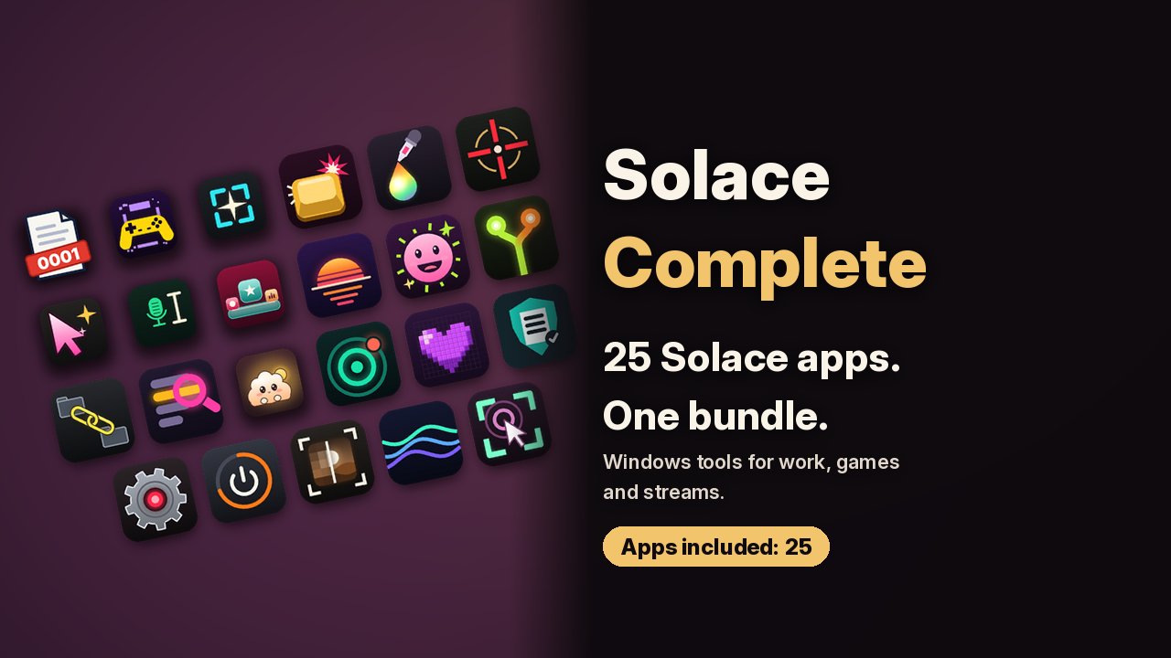 Solace Complete bundle art: a tilted grid of 23 Solace app icons beside the lines Solace Complete, 25 Solace apps. One bundle., Windows tools for work, games and streams., and an Apps included: 25 chip.