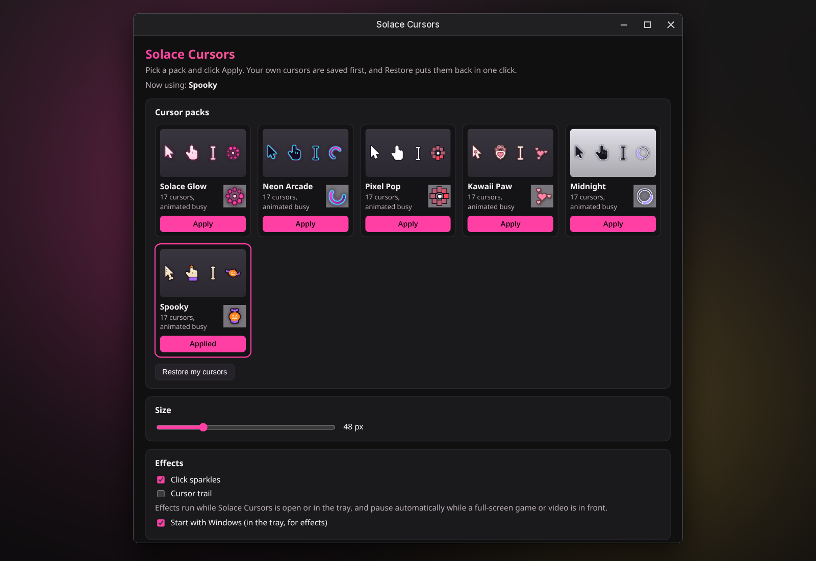 Pick one of six animated cursor packs and click Apply. Your own cursors are saved first, so Restore brings them back in one click. Set the size, and turn on click sparkles or a cursor trail.