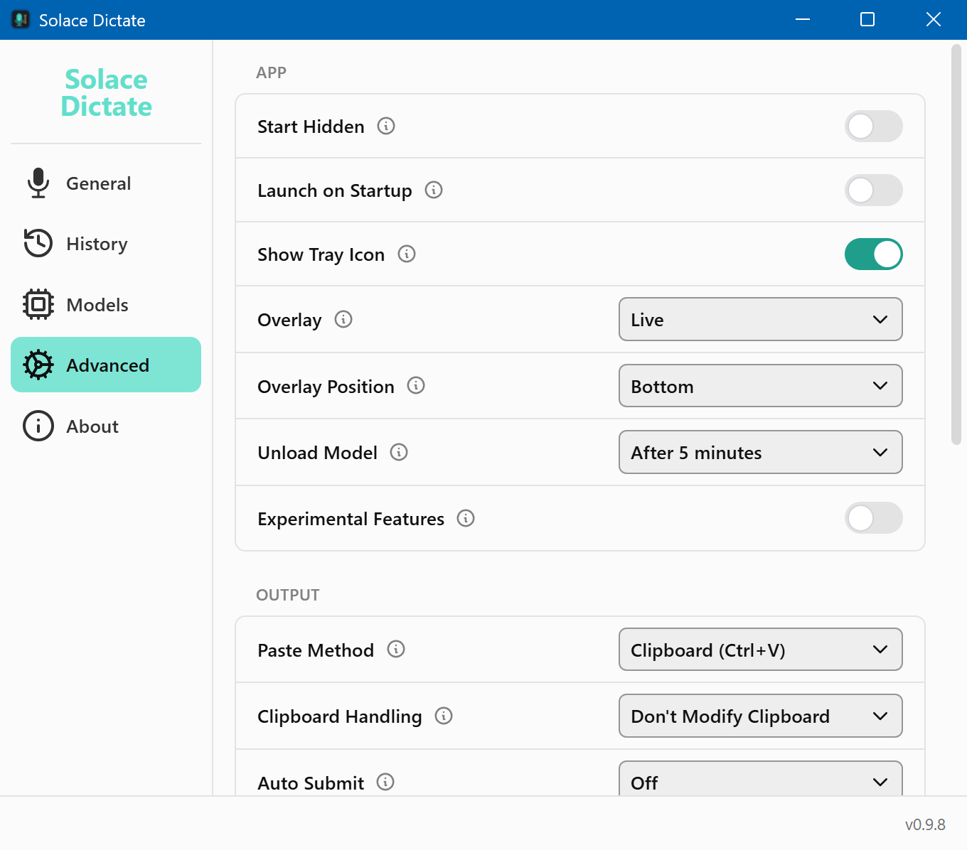 Make it work your way: start hidden or at login, keep a tray icon, show a live on-screen overlay, free memory by unloading the model when idle, and choose how text is pasted.