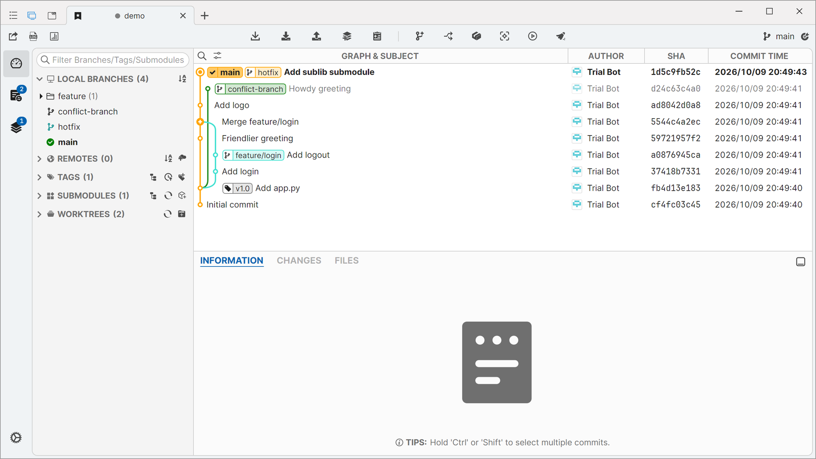 See your whole history at a glance: branches, tags and merges drawn as a clear graph, with author, SHA and time for every commit.