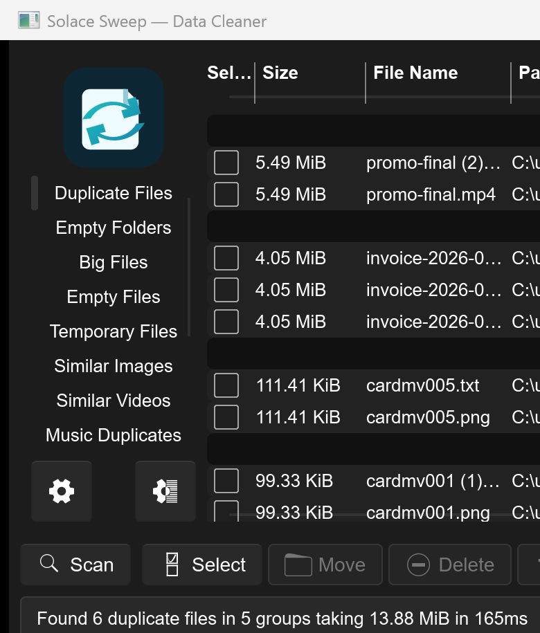 Solace Sweep duplicate files results