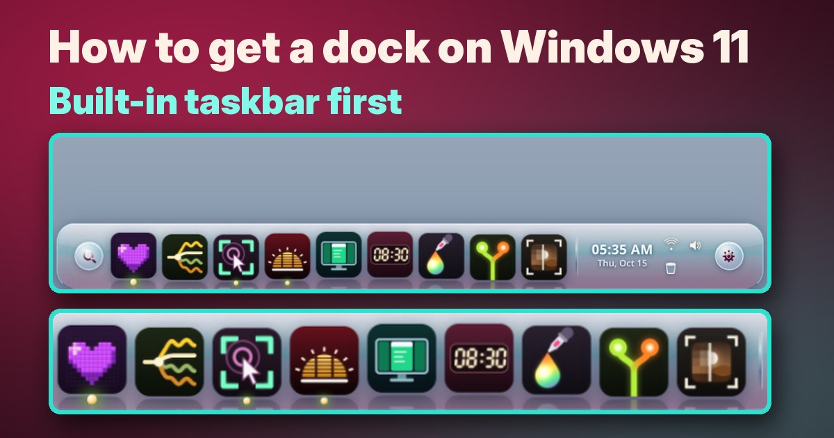 A glass icon dock with a clock along the bottom of a desktop, from Solace Dock, for the guide How to get a dock on Windows 11.