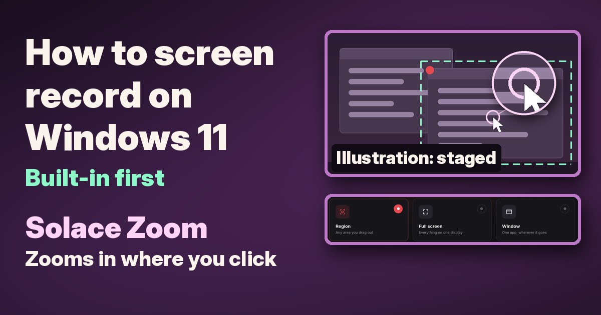 A desktop with a dashed recording frame and a zoomed-in circle where the cursor clicks, beside the Solace Zoom recording screen, for the guide How to screen record on Windows 11.